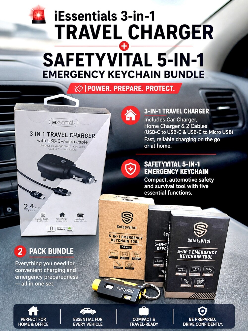 iEssentials 3-in-1 Travel Charger & SafetyVital 5-in-1 Emergency Keychain Bundle